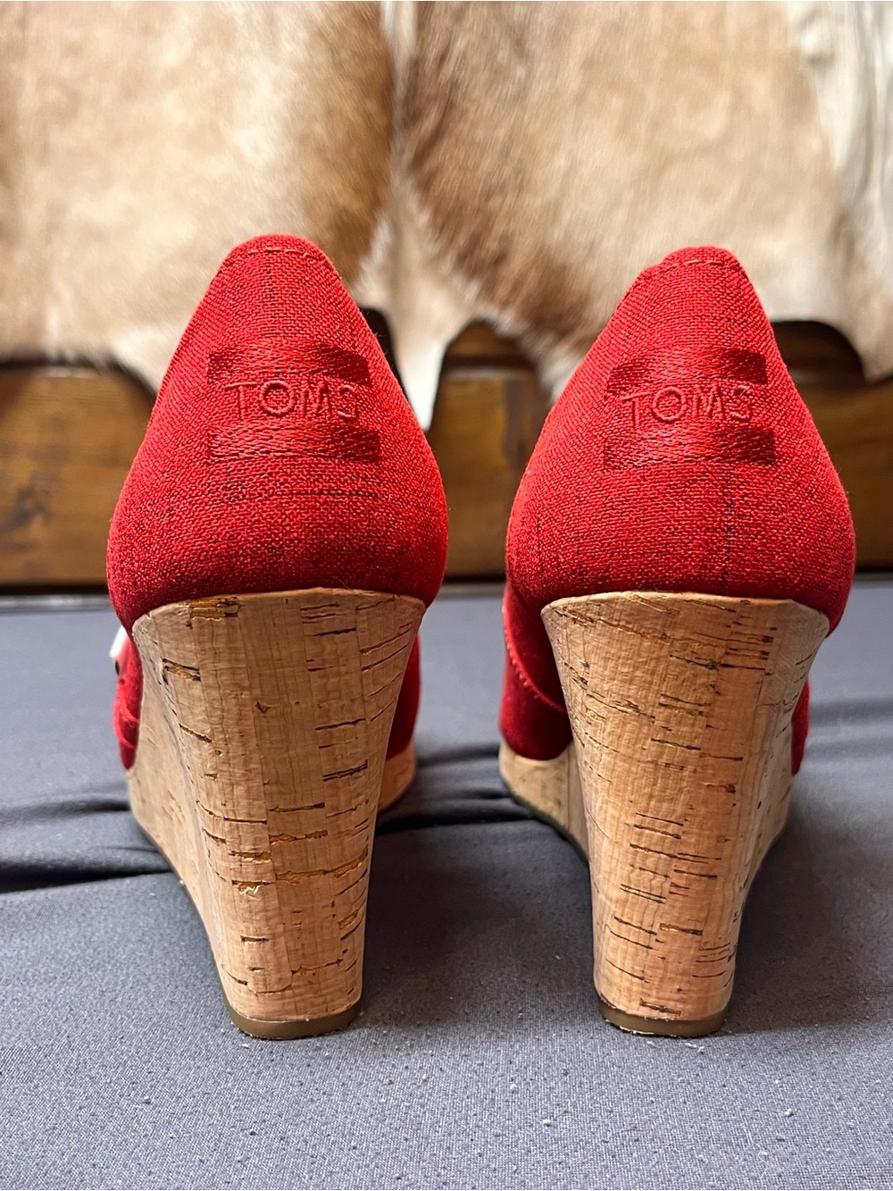 TOMS Red Canvas Cork Wedge Espadrilles - Women's - Picture 3 of 6